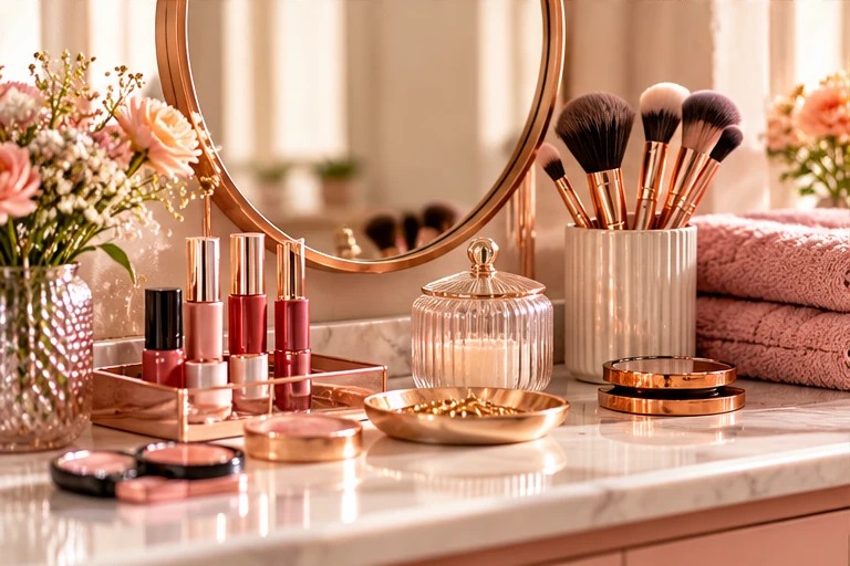 Produtos de beleza e cuidados em tons rosados